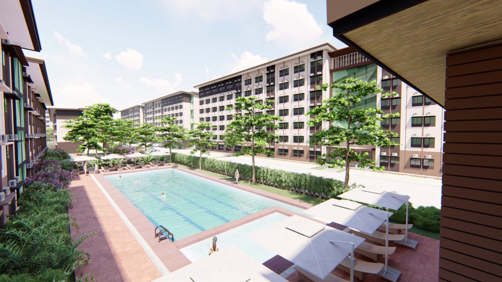 Asterra condo perspective with pool area